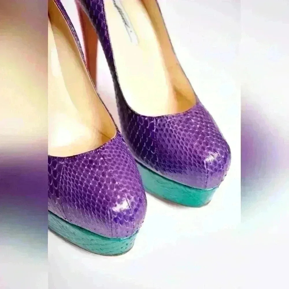 Insane BRIAN ATWOOD Purple Green Coral Watersnake Miami 6" Pumps 38/39 Italy - Picture 5 of 6